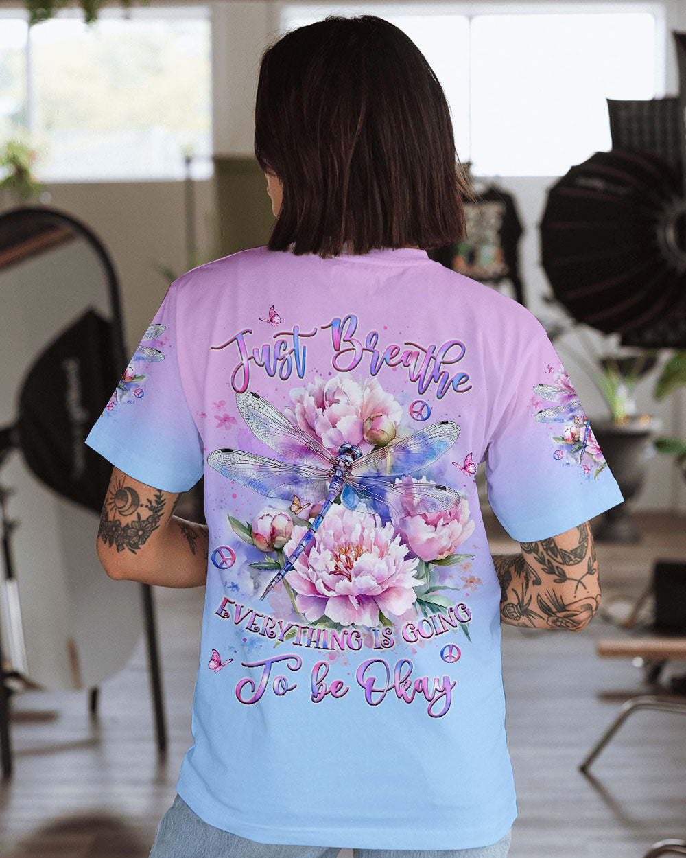 Just Breathe Everything Is Going to Be Okay Dragonfly and Peony Floral AOP Shirts _1_ N54gL