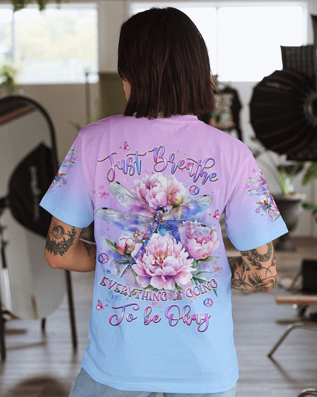 Just Breathe Everything Is Going to Be Okay - Dragonfly and Peony Floral - AOP Shirts