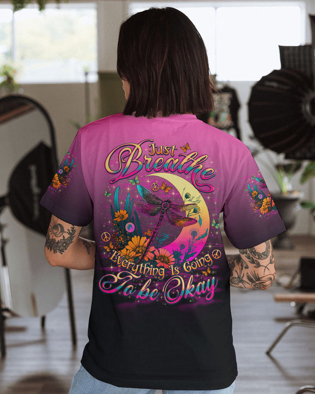 Just Breathe Everything Is Going to Be Okay - Dragonfly with Retro Moon Flowers - AOP Shirts