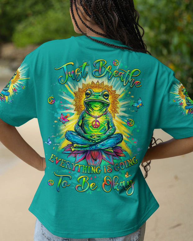 Just Breathe Everything Is Going to Be Okay - Funny Meditation Frog Lotus - AOP Shirts