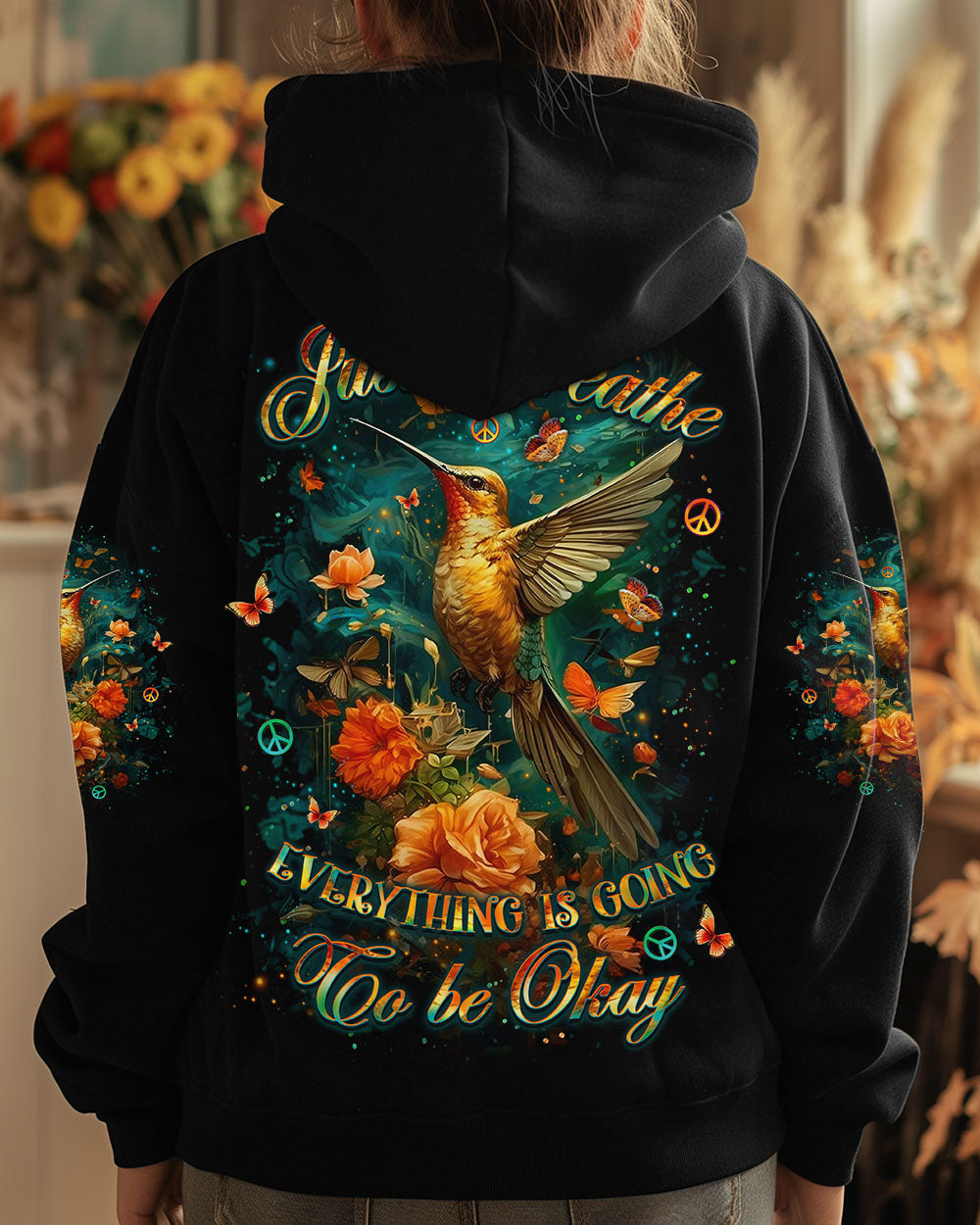 Just Breathe Everything Is Going to Be Okay Hummingbird Floral Graphic AOP Shirts _7_ HWhgw