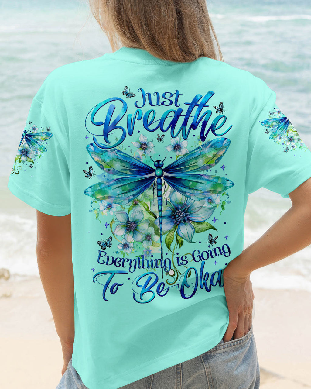 Just Breathe Everything Is Going to Be Okay Inspirational Dragonfly Floral AOP Shirts _1_ ZagoR
