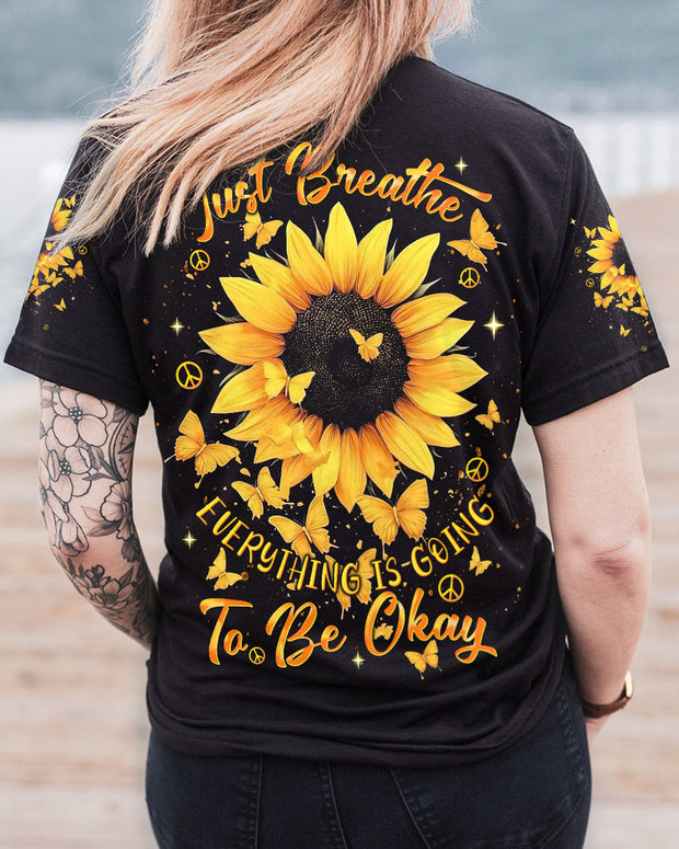 Just Breathe Everything Is Going to Be Okay - Inspirational Sunflower with Butterflies - AOP Shirts