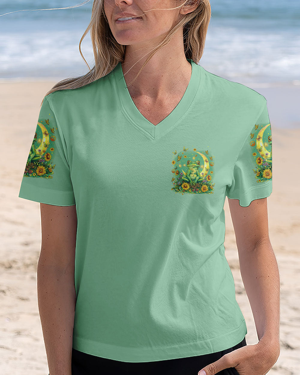 Just Breathe Everything Is Going to Be Okay Mindful Frog Sunflower Moon AOP Shirts _11_ Y0Tju