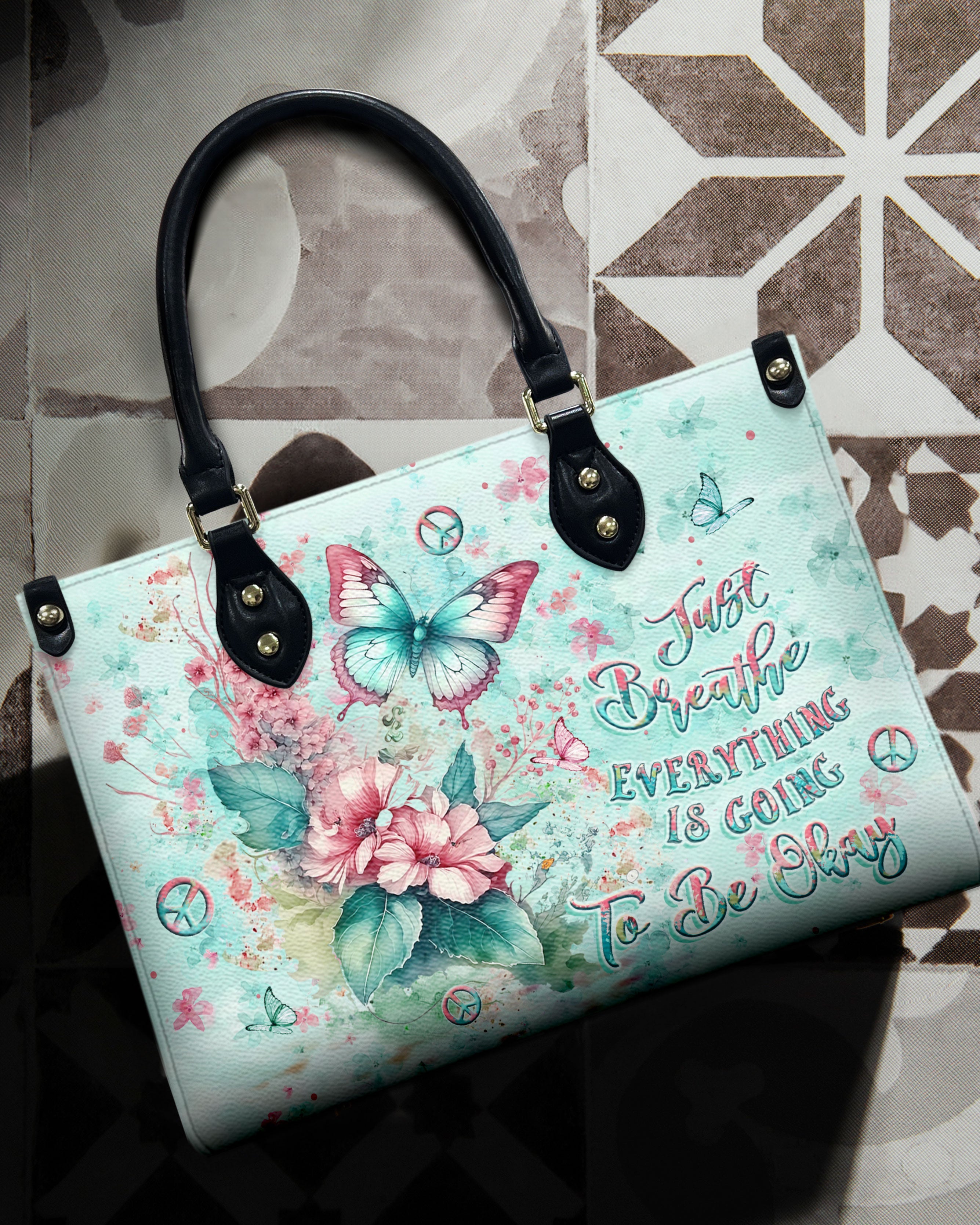 Just Breathe Everything Is Going to Be Okay Mint Green Butterfly Floral Hippie Leather Bag _11_ jxO3S