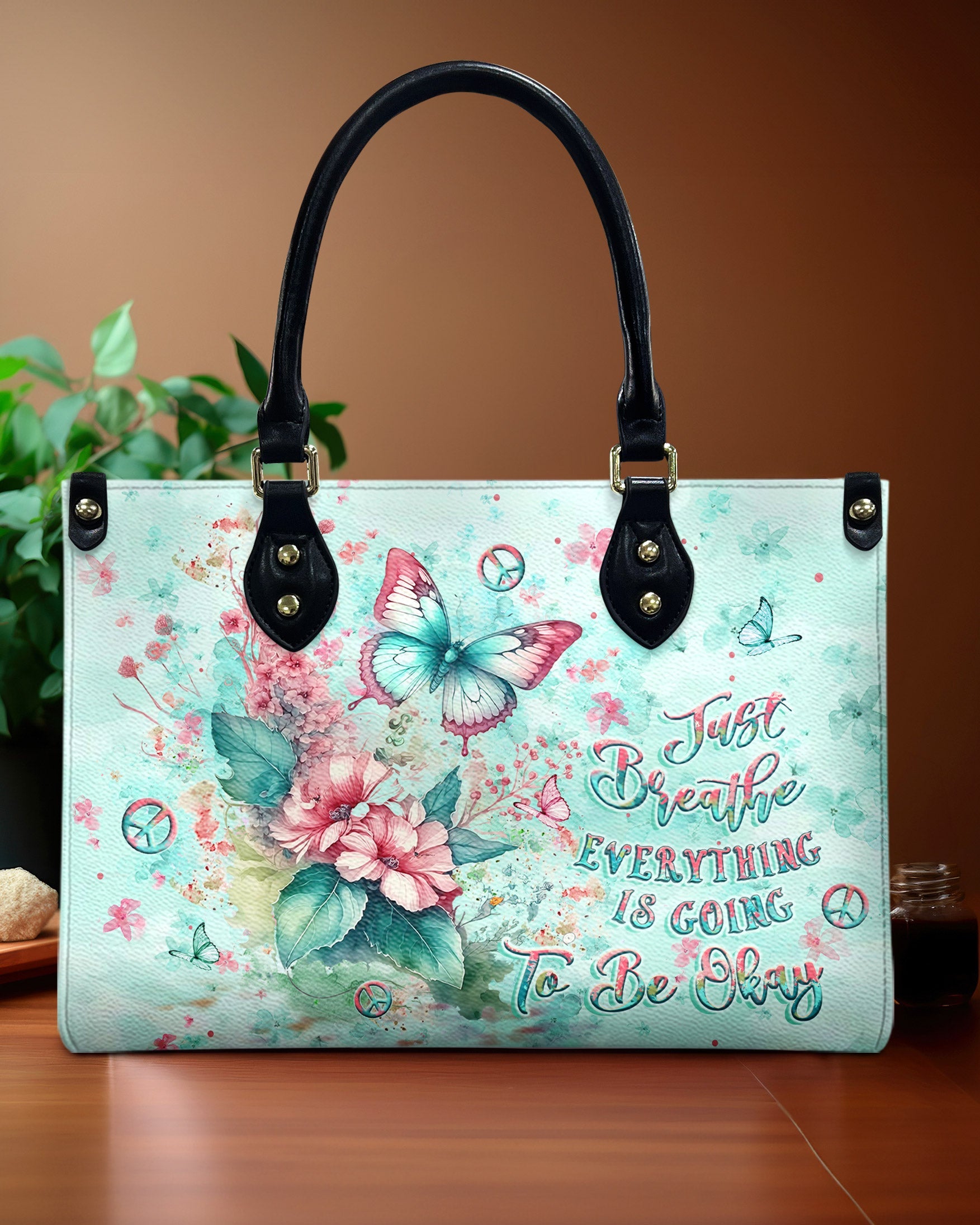 Just Breathe Everything Is Going to Be Okay Mint Green Butterfly Floral Hippie Leather Bag _1_ z2LV0