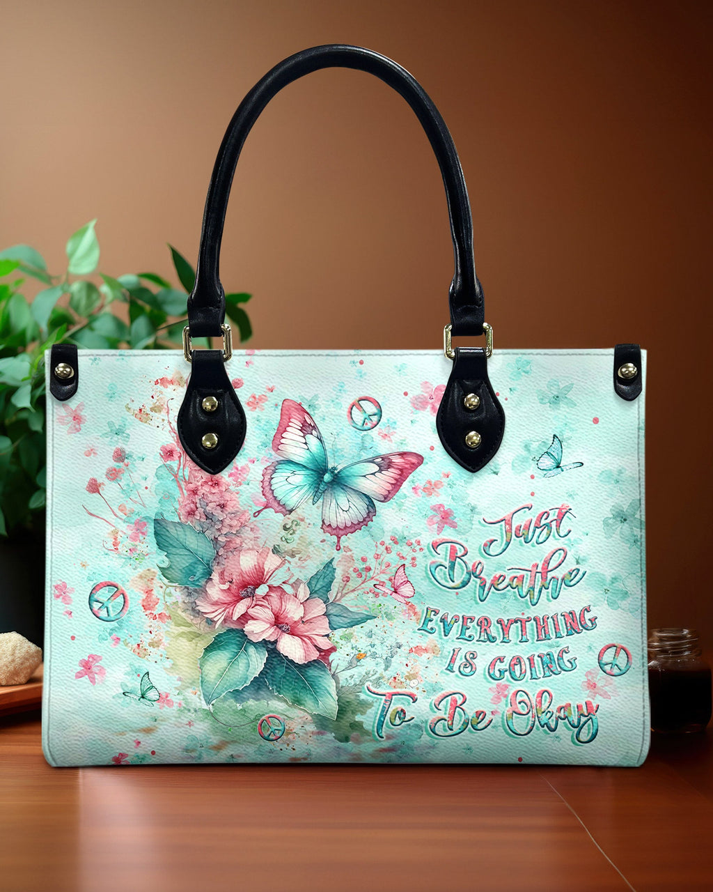 Just Breathe Everything Is Going to Be Okay Mint Green Butterfly Floral Hippie Leather Bag _1_ z2LV0