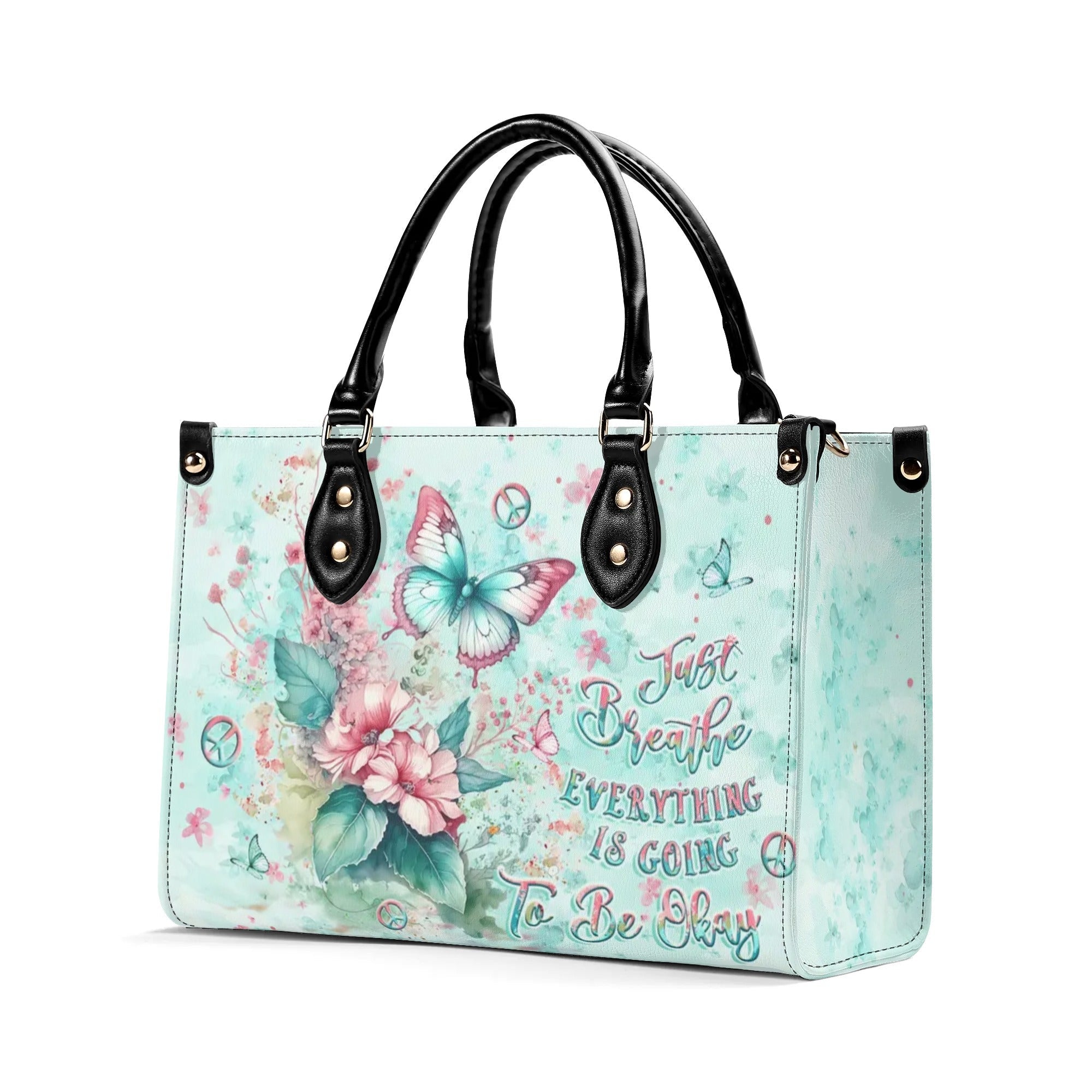 Just Breathe Everything Is Going to Be Okay Mint Green Butterfly Floral Hippie Leather Bag _2_ eXWbq