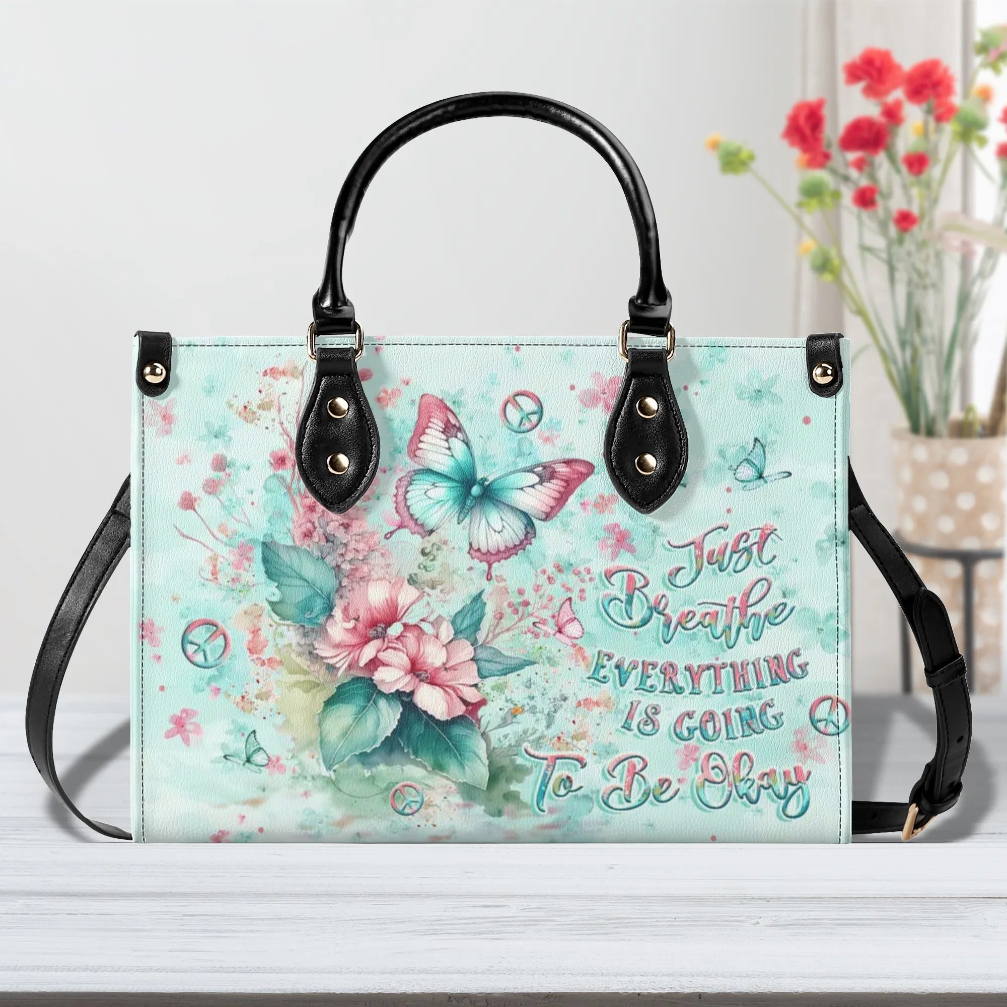 Just Breathe Everything Is Going to Be Okay Mint Green Butterfly Floral Hippie Leather Bag _5_ H0kC0