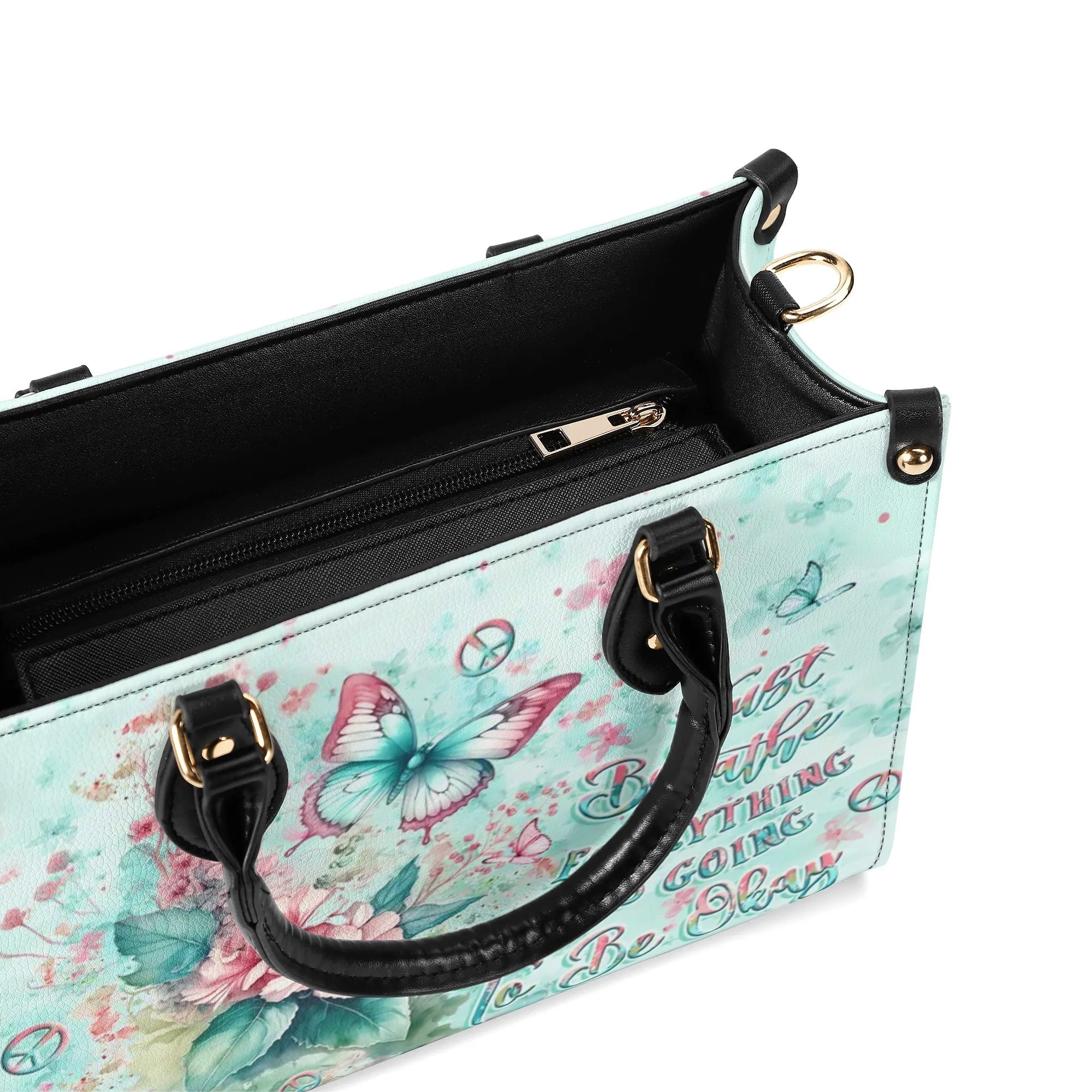 Just Breathe Everything Is Going to Be Okay Mint Green Butterfly Floral Hippie Leather Bag _7_ T1sRS