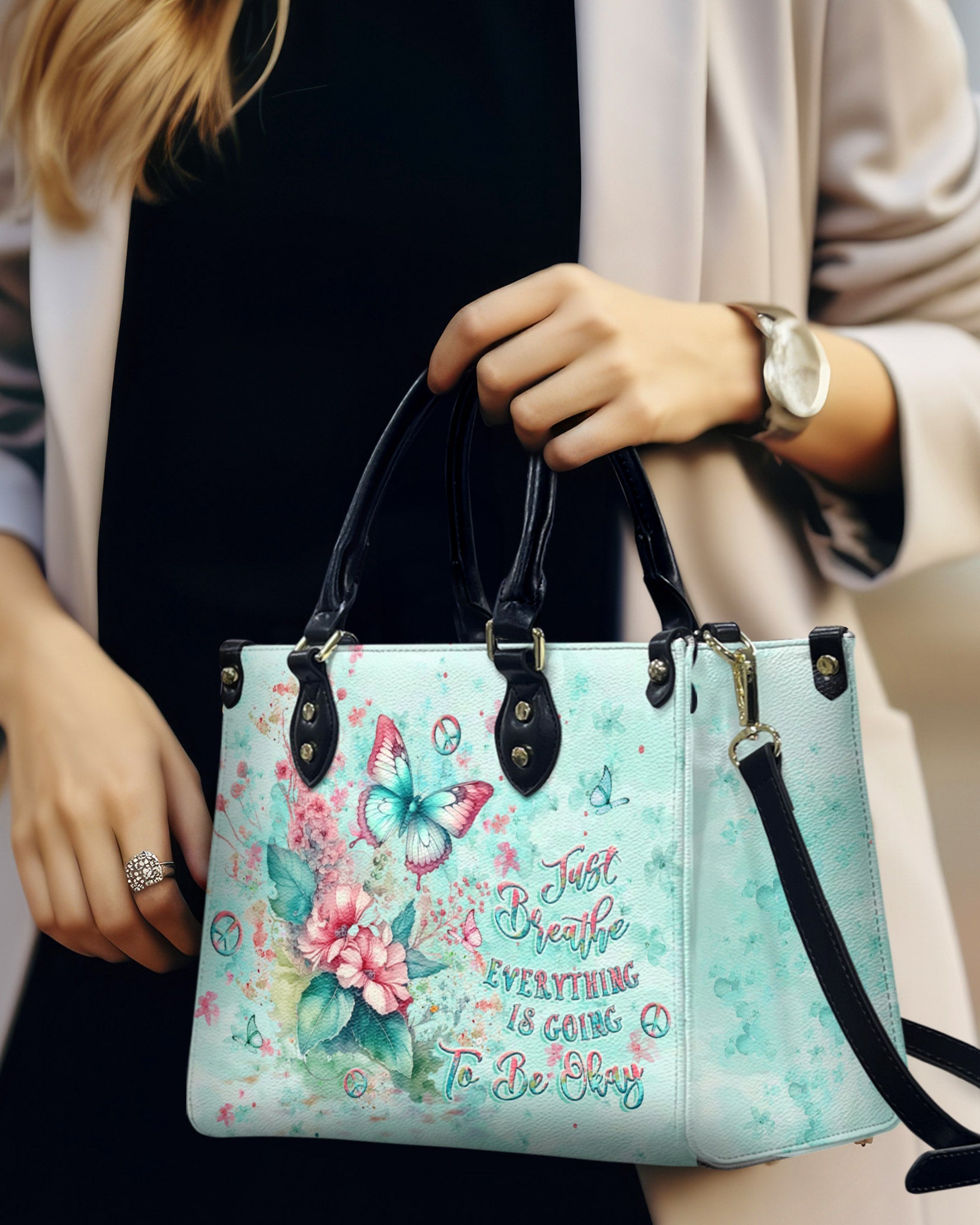 Just Breathe Everything Is Going to Be Okay Mint Green Butterfly Floral Hippie Leather Bag _8_ WfBCg