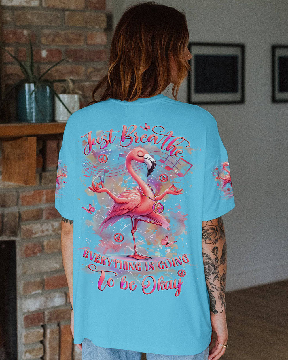 Just Breathe Everything Is Going to Be Okay Motivational Peaceful Flamingo AOP Shirts _1_ p9FT6