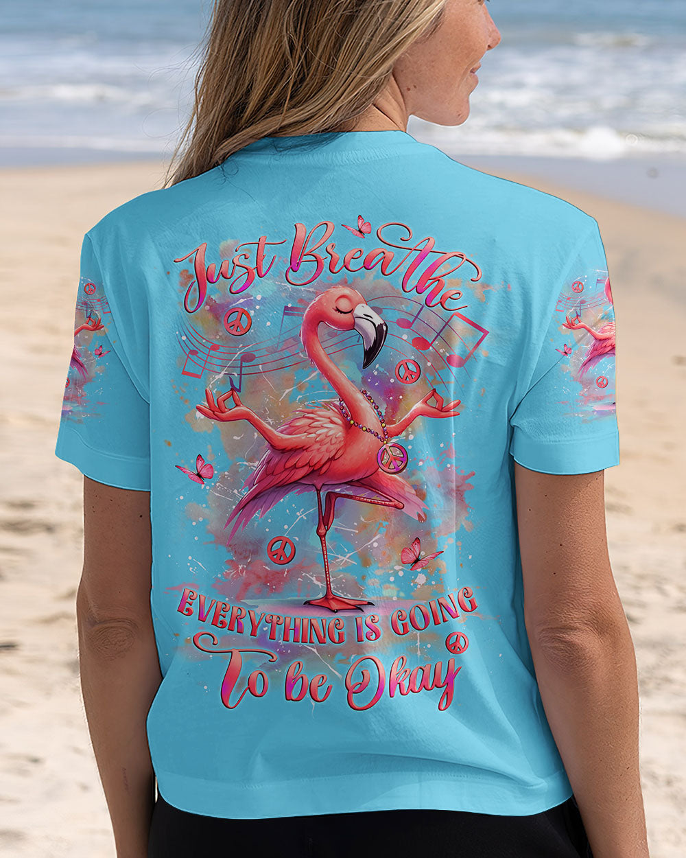 Just Breathe Everything Is Going to Be Okay Motivational Peaceful Flamingo AOP Shirts _3_ x5lzT