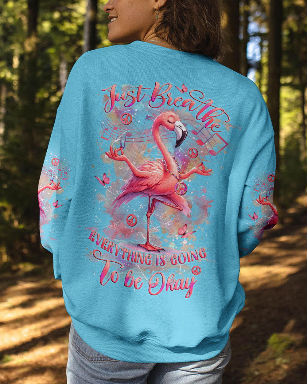 Just Breathe Everything Is Going to Be Okay Motivational Peaceful Flamingo AOP Shirts _7_ StgtK