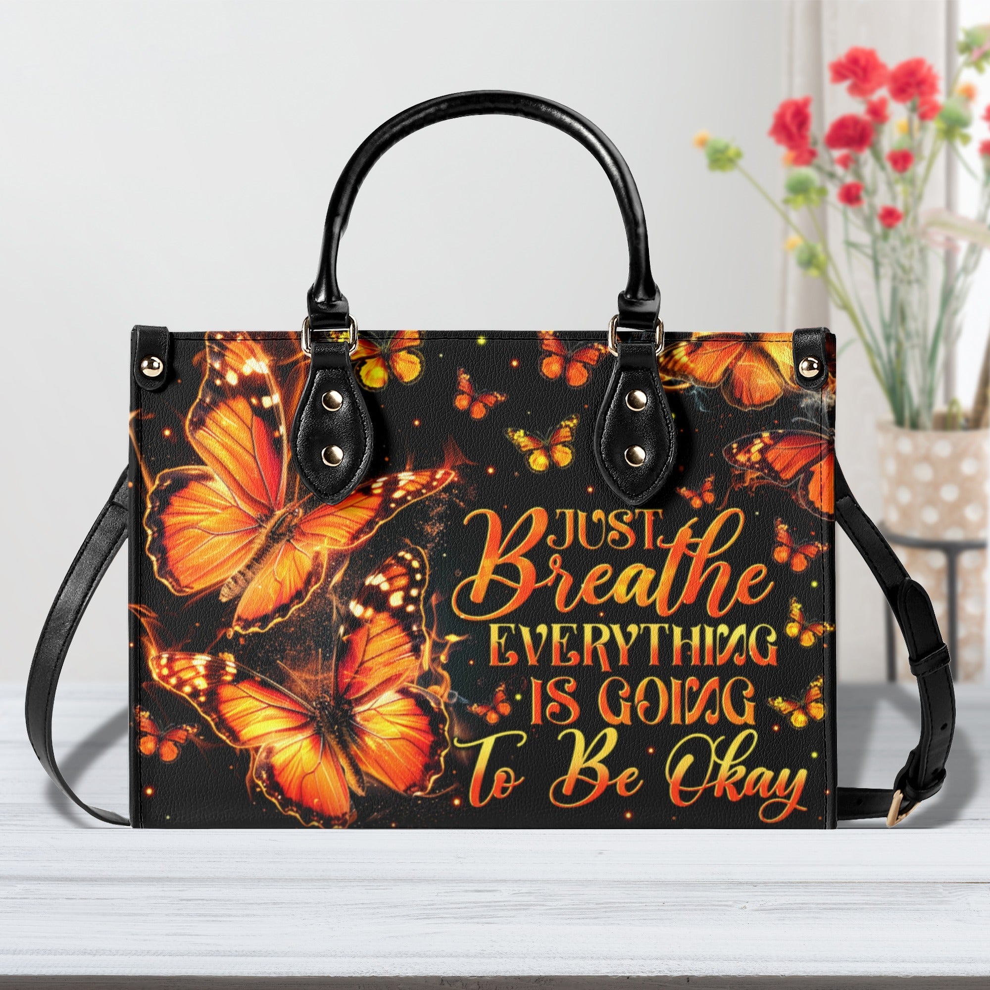 Just Breathe Everything Is Going to Be Okay Orange Butterfly Motivation Hippie Leather Bag _1_ 7EjCC
