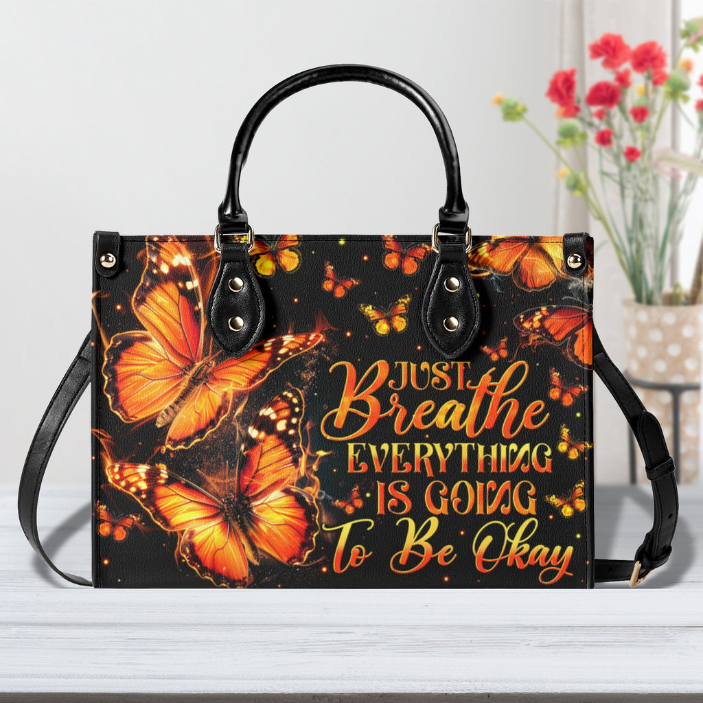 Just Breathe Everything Is Going to Be Okay Orange Butterfly Motivation Hippie Leather Bag _1_ 7EjCC
