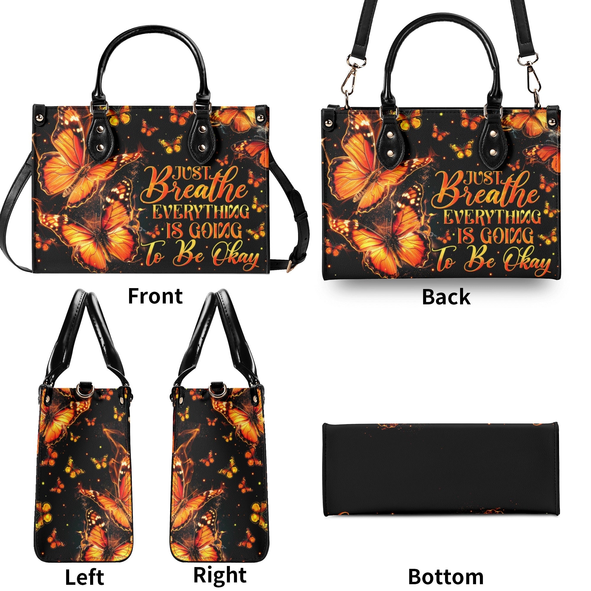 Just Breathe Everything Is Going to Be Okay Orange Butterfly Motivation Hippie Leather Bag _3_ 2NXrT