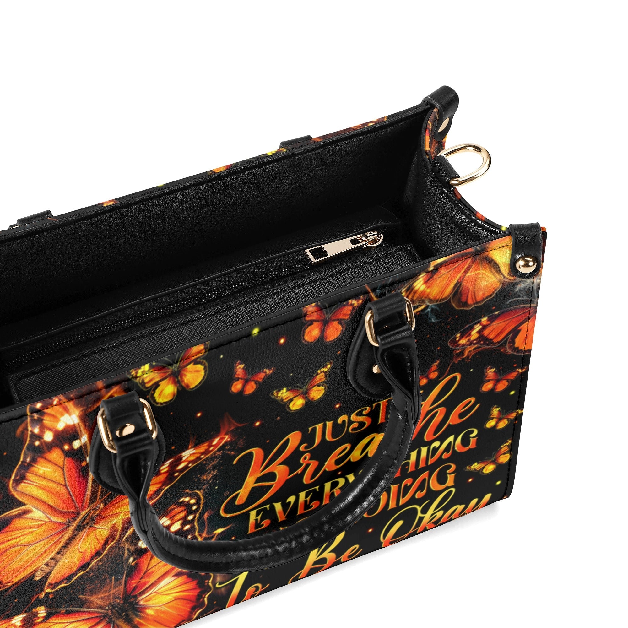 Just Breathe Everything Is Going to Be Okay Orange Butterfly Motivation Hippie Leather Bag _4_ BetDc