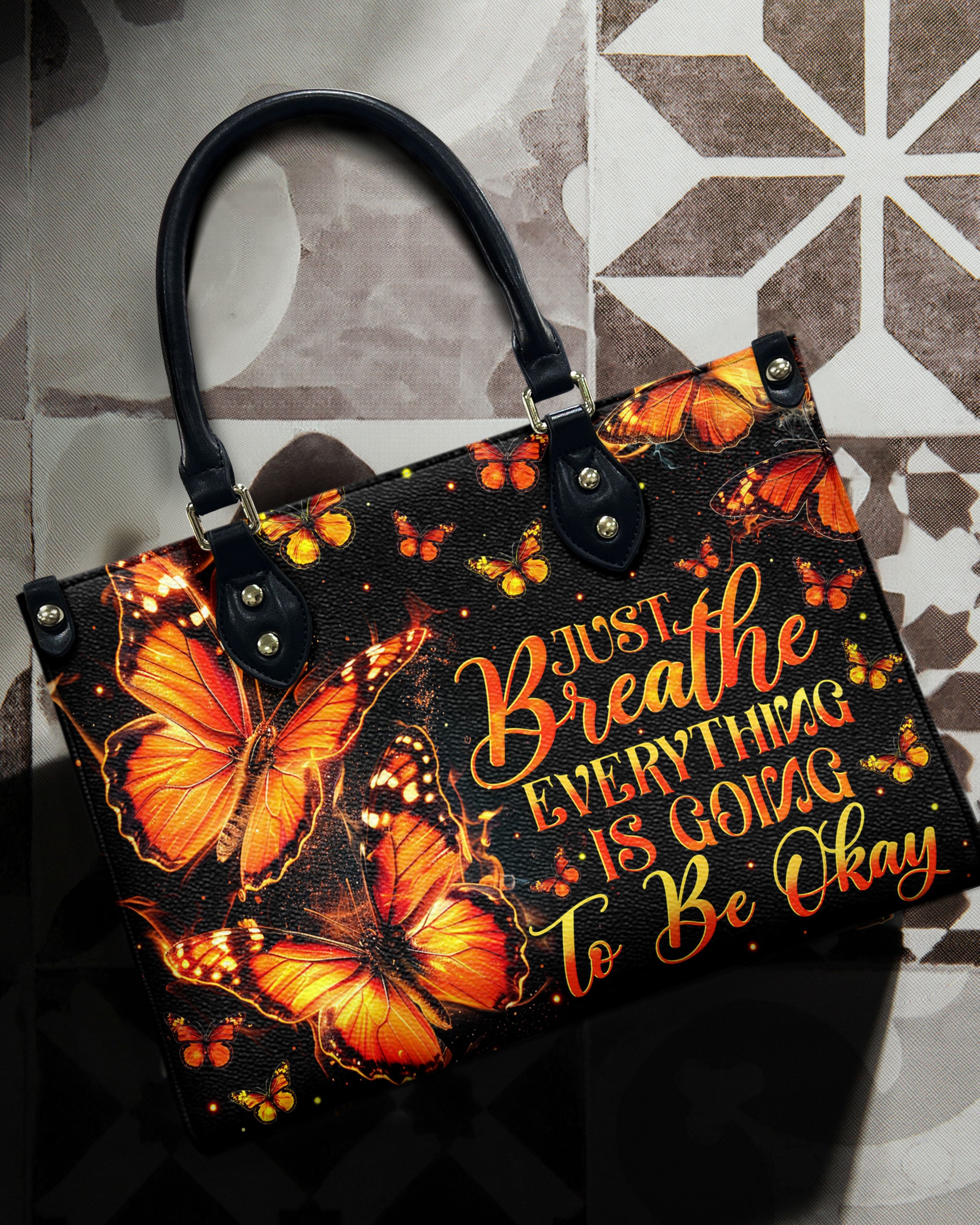 Just Breathe Everything Is Going to Be Okay Orange Butterfly Motivation Hippie Leather Bag _7_ Vj3Uk