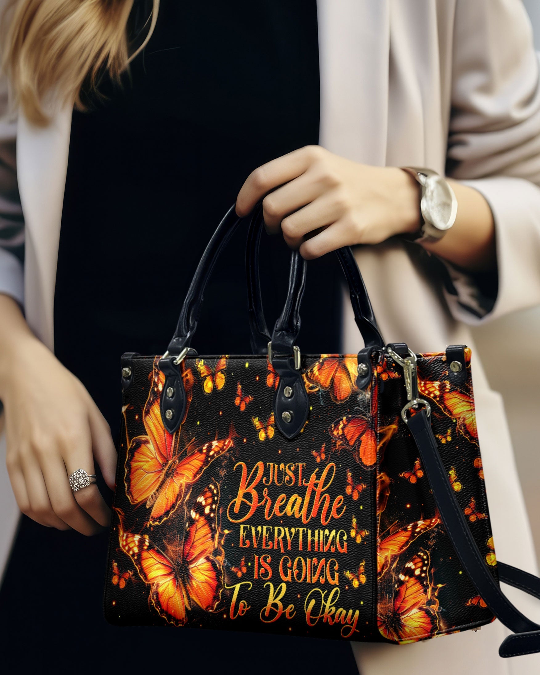 Just Breathe Everything Is Going to Be Okay Orange Butterfly Motivation Hippie Leather Bag _9_ qBATE