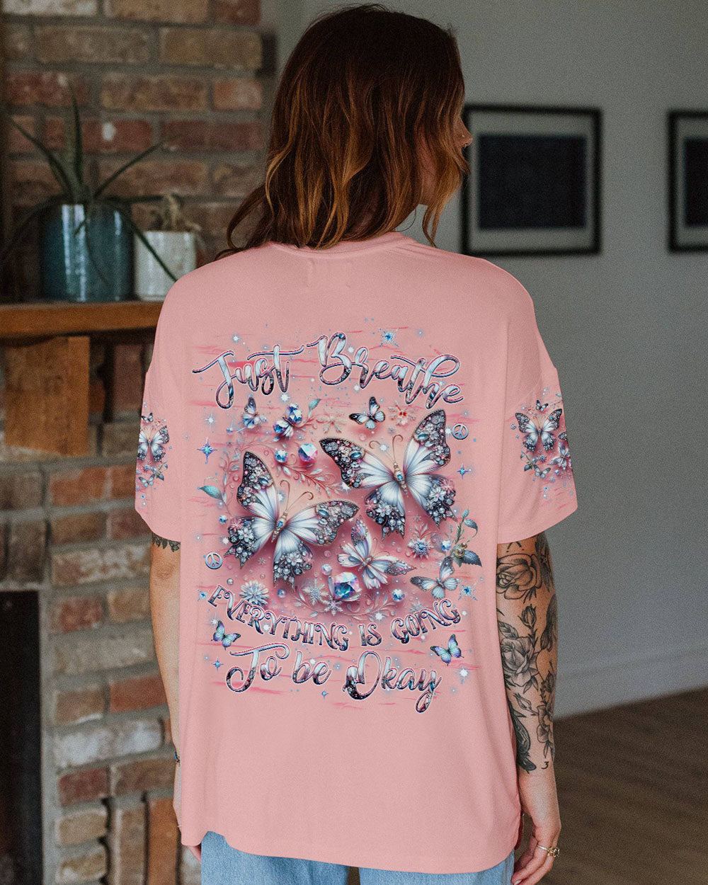 Just Breathe Everything Is Going to Be Okay Pink Butterfly Graphic AOP Shirts _1_ C19m1