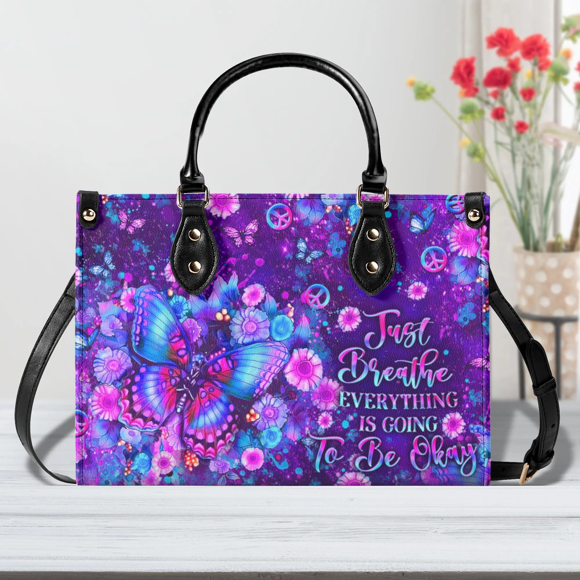Just Breathe Everything Is Going to Be Okay Purple Butterfly with Flower Leather Bag _1_ NOCpe