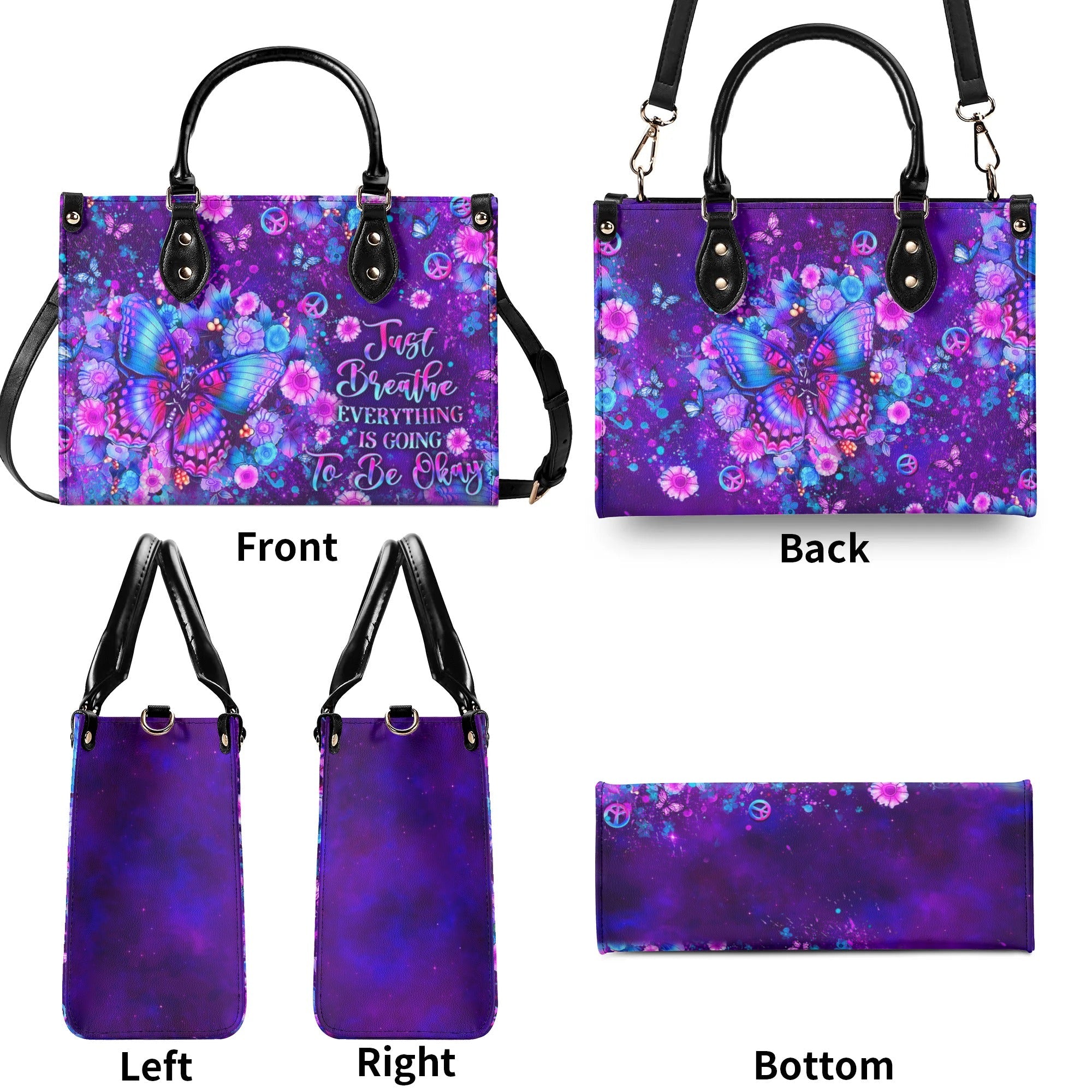 Just Breathe Everything Is Going to Be Okay Purple Butterfly with Flower Leather Bag _9_ zhSnt