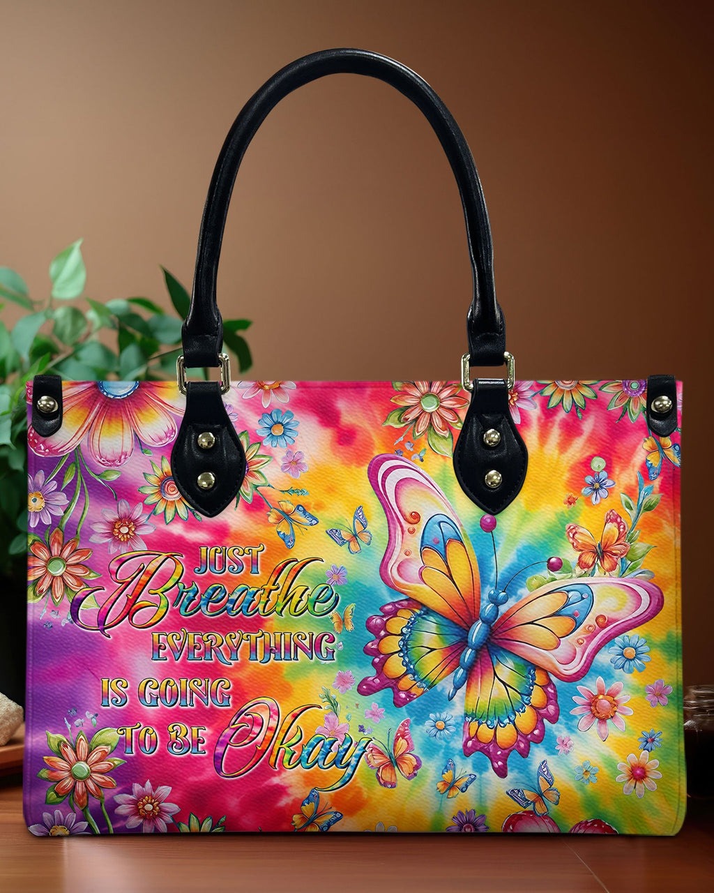 Just Breathe Everything Is Going to Be Okay Tie Dye Colorful Butterfly Hippie Leather Bag _1_ mDF01