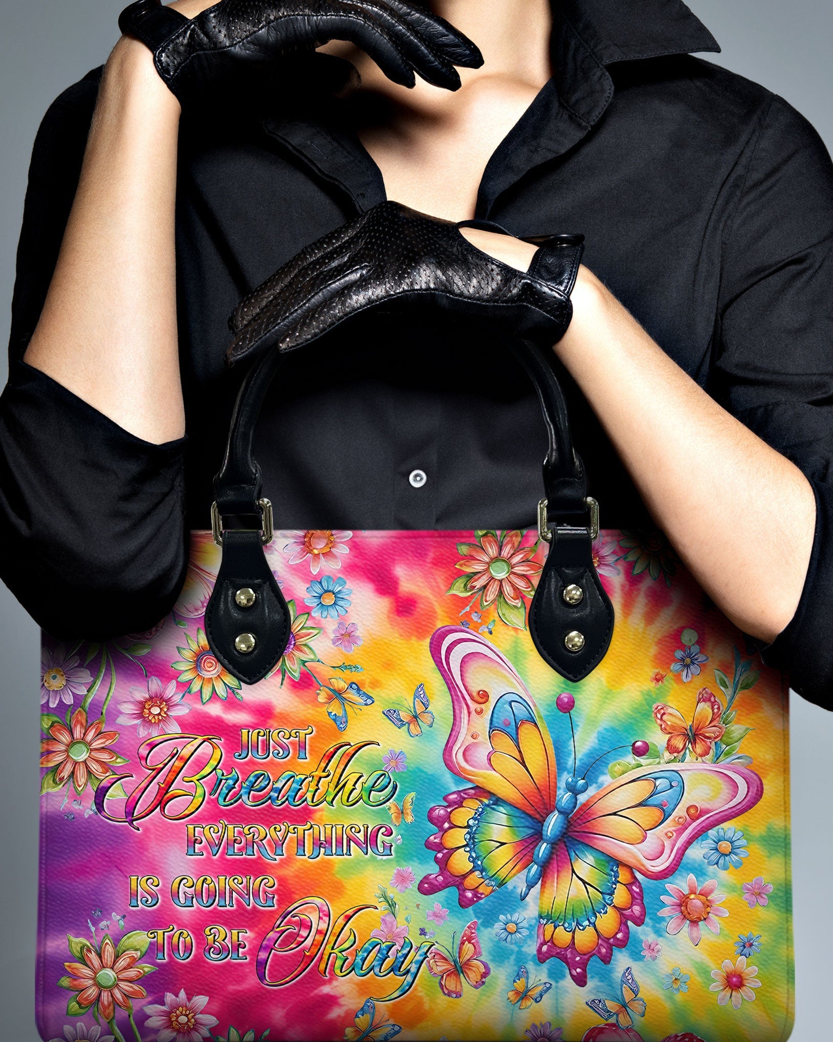 Just Breathe Everything Is Going to Be Okay Tie Dye Colorful Butterfly Hippie Leather Bag _3_ w3IK2