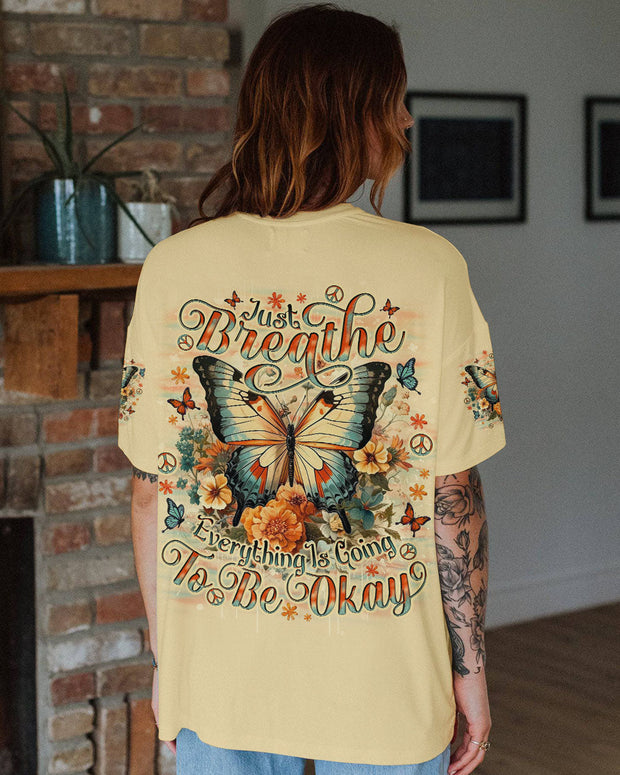 Just Breathe Everything Is Going to Be Okay - Vintage Butterfly and Floral - AOP Shirts