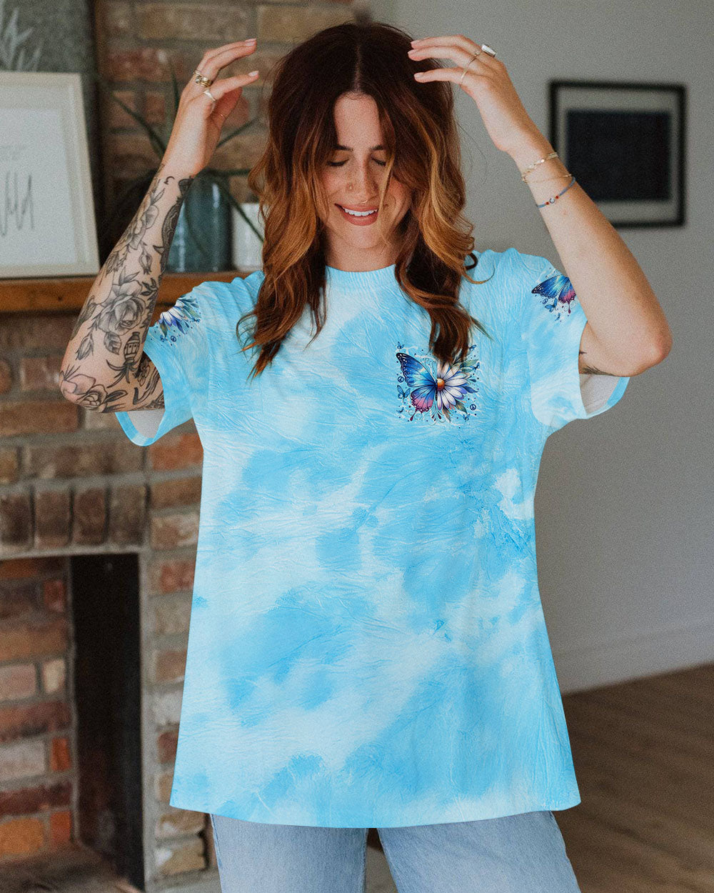 Just Breathe Everything is Going to Be Okay Blue Butterfly Daisy AOP Shirts _12_ fANqK
