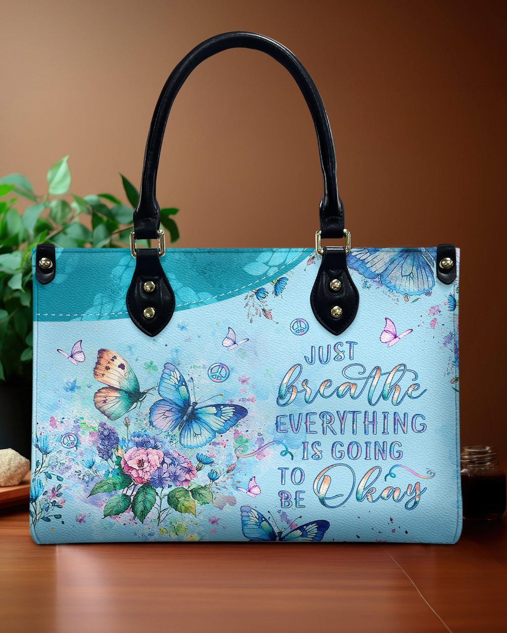 Just Breathe Everything is Going to Be Okay Blue Butterfly Floral Hippie Leather Bag _1_ EmnLV