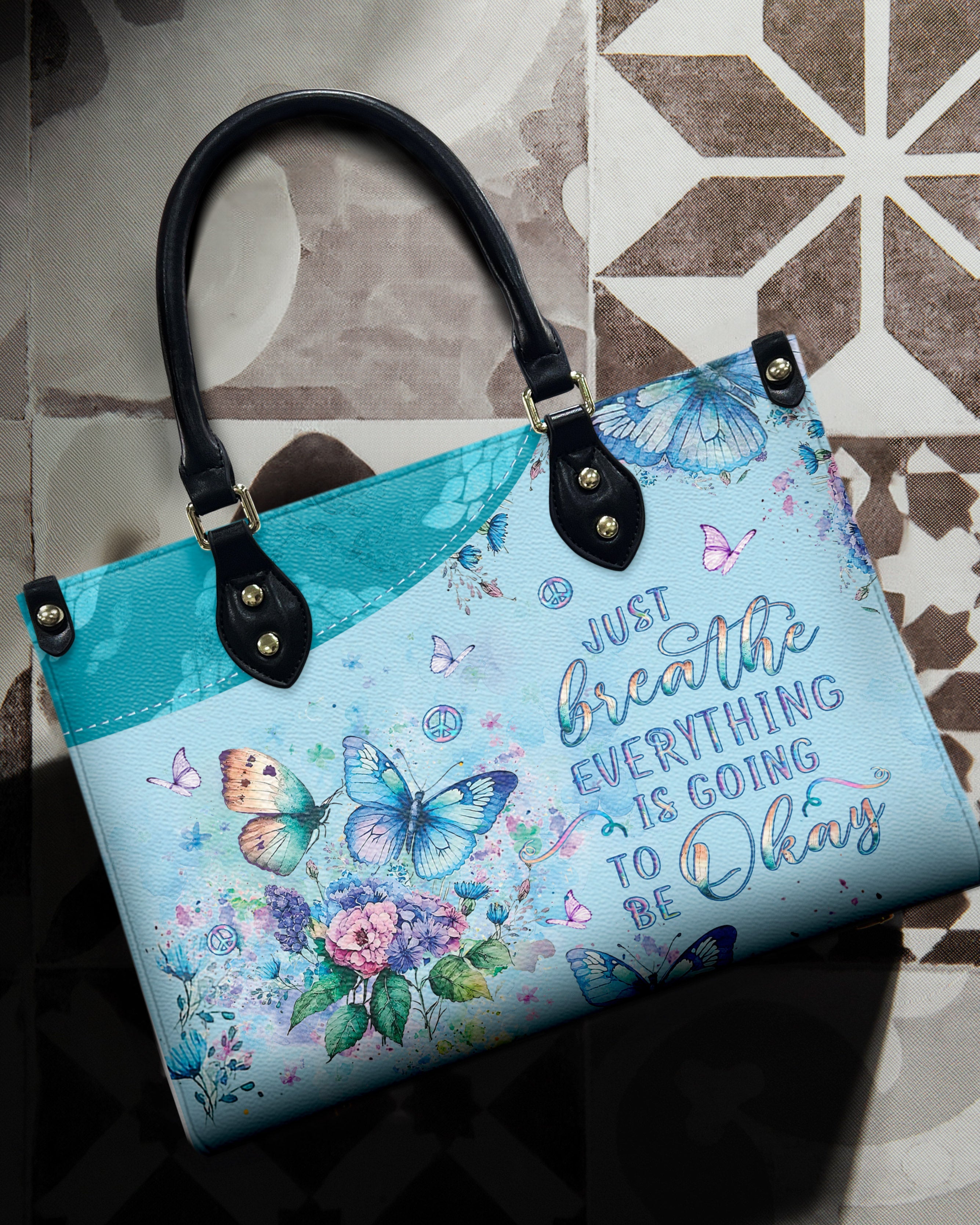 Just Breathe Everything is Going to Be Okay Blue Butterfly Floral Hippie Leather Bag _2_ D2gD0