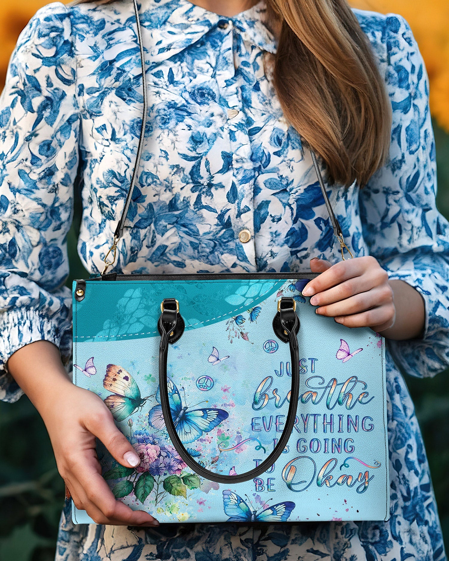 Just Breathe Everything is Going to Be Okay Blue Butterfly Floral Hippie Leather Bag _3_ eAI92