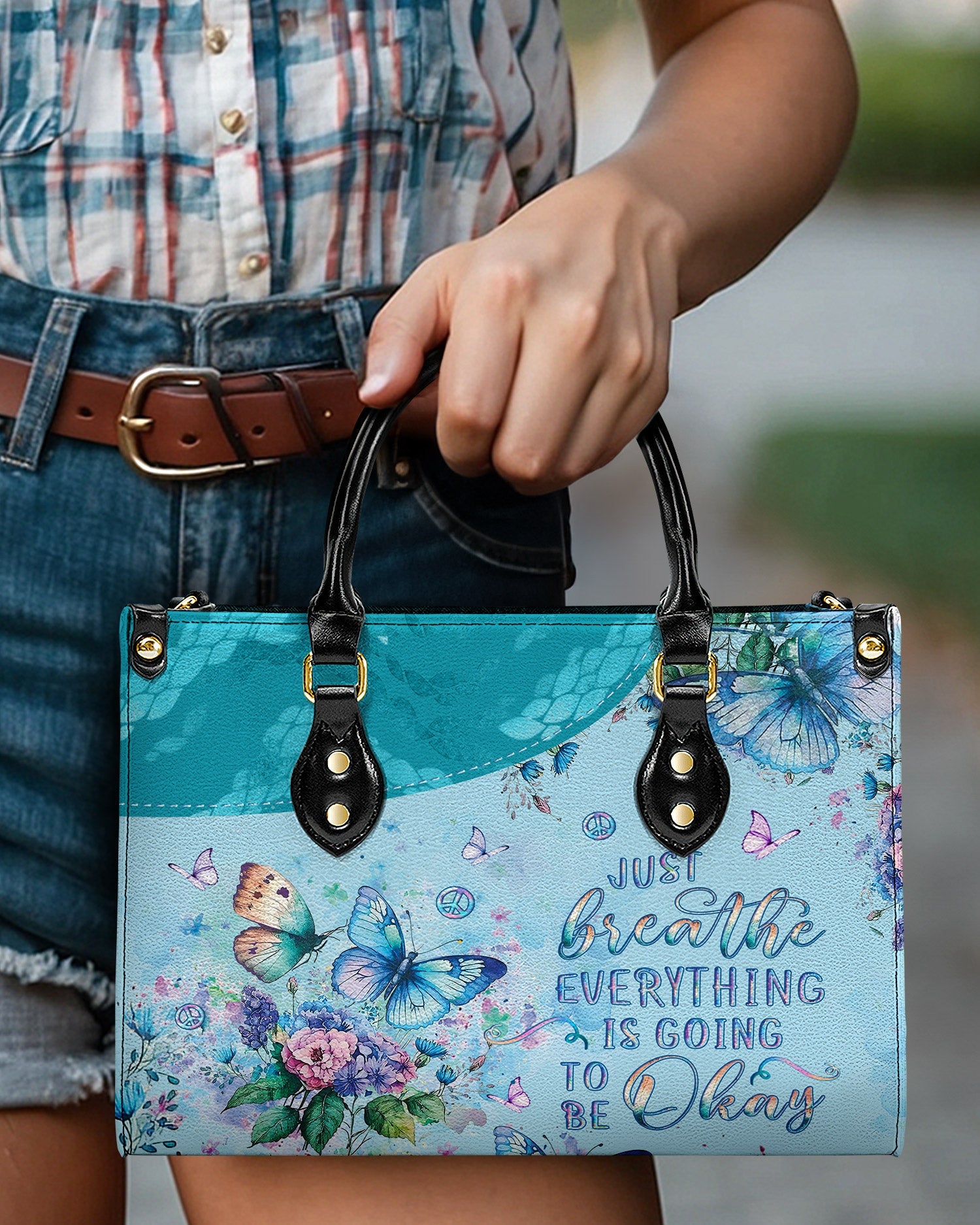 Just Breathe Everything is Going to Be Okay Blue Butterfly Floral Hippie Leather Bag _5_ 0wrOB