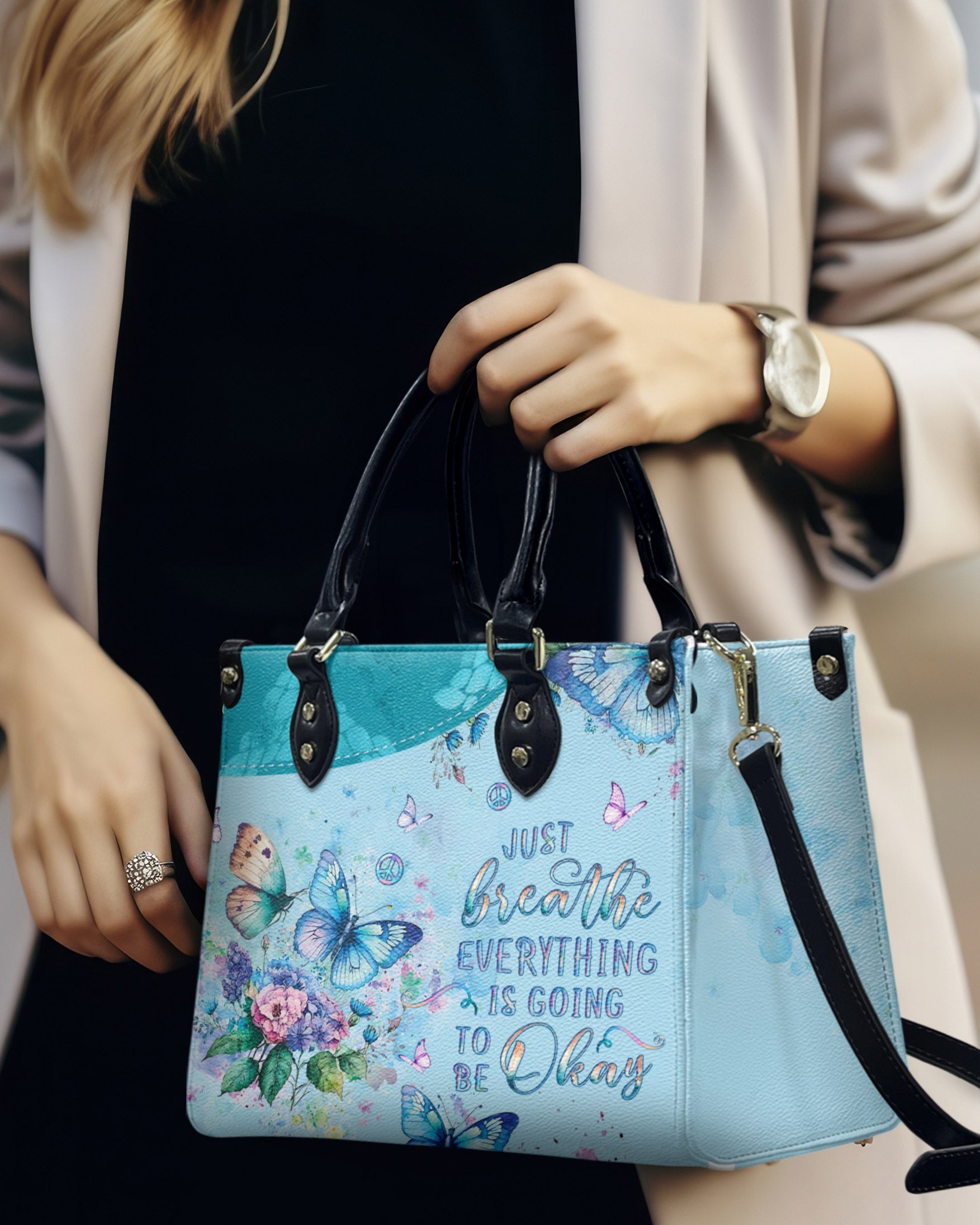 Just Breathe Everything is Going to Be Okay Blue Butterfly Floral Hippie Leather Bag _7_ 8ksQ8