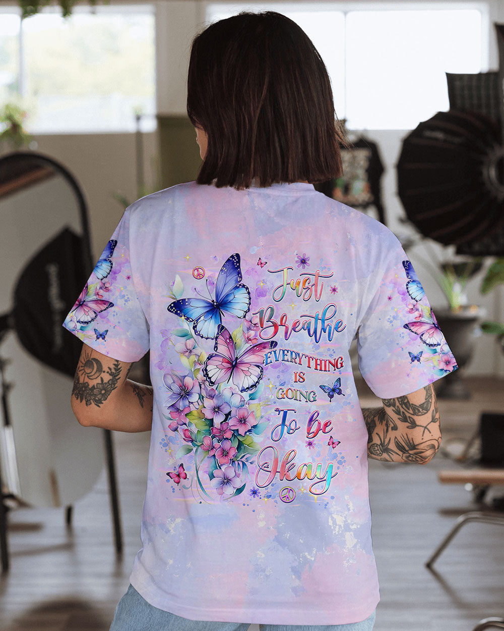 Just Breathe Everything is Going to Be Okay Butterflies and Flowers AOP Shirts _10_ FWxzl