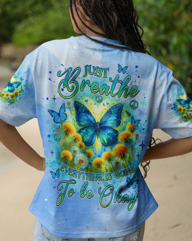 Just Breathe, Everything is Going to Be Okay - Butterfly Light Blue Design for Women - AOP Shirts