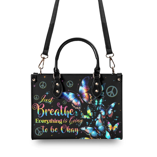 Just Breathe Everything is Going to Be Okay Butterfly and Peace Sign Hippie Leather Bag _2_ 7V7QN