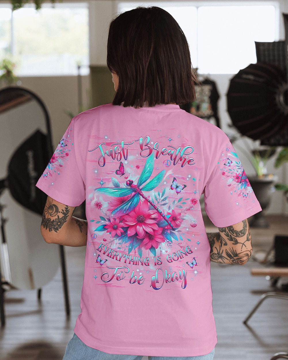 Just Breathe Everything is Going to Be Okay Dragonfly and Butterfly Graphic AOP Shirts _1_ UU3n2