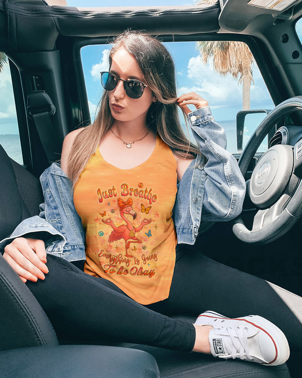 Just Breathe Everything is Going to Be Okay Peaceful Flamingo Bright Orange Design AOP Shirts _11_ 1LP86