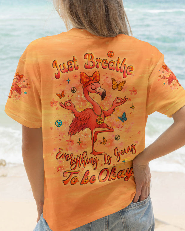 Just Breathe, Everything is Going to Be Okay - Peaceful Flamingo Bright Orange Design - AOP Shirts