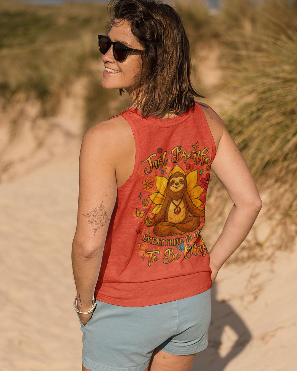 Just Breathe Everything is Going to Be Okay Peaceful Sloth Design with Flowers _26 Butterfly AOP Shirts _11_ pcts3