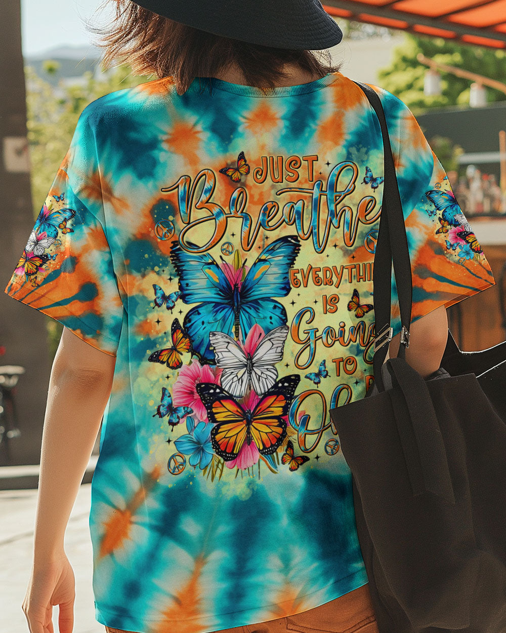 Just Breathe Everything is Going to Be Okay Tie Dye Butterfly Positive AOP Shirts _12_ F8RIY