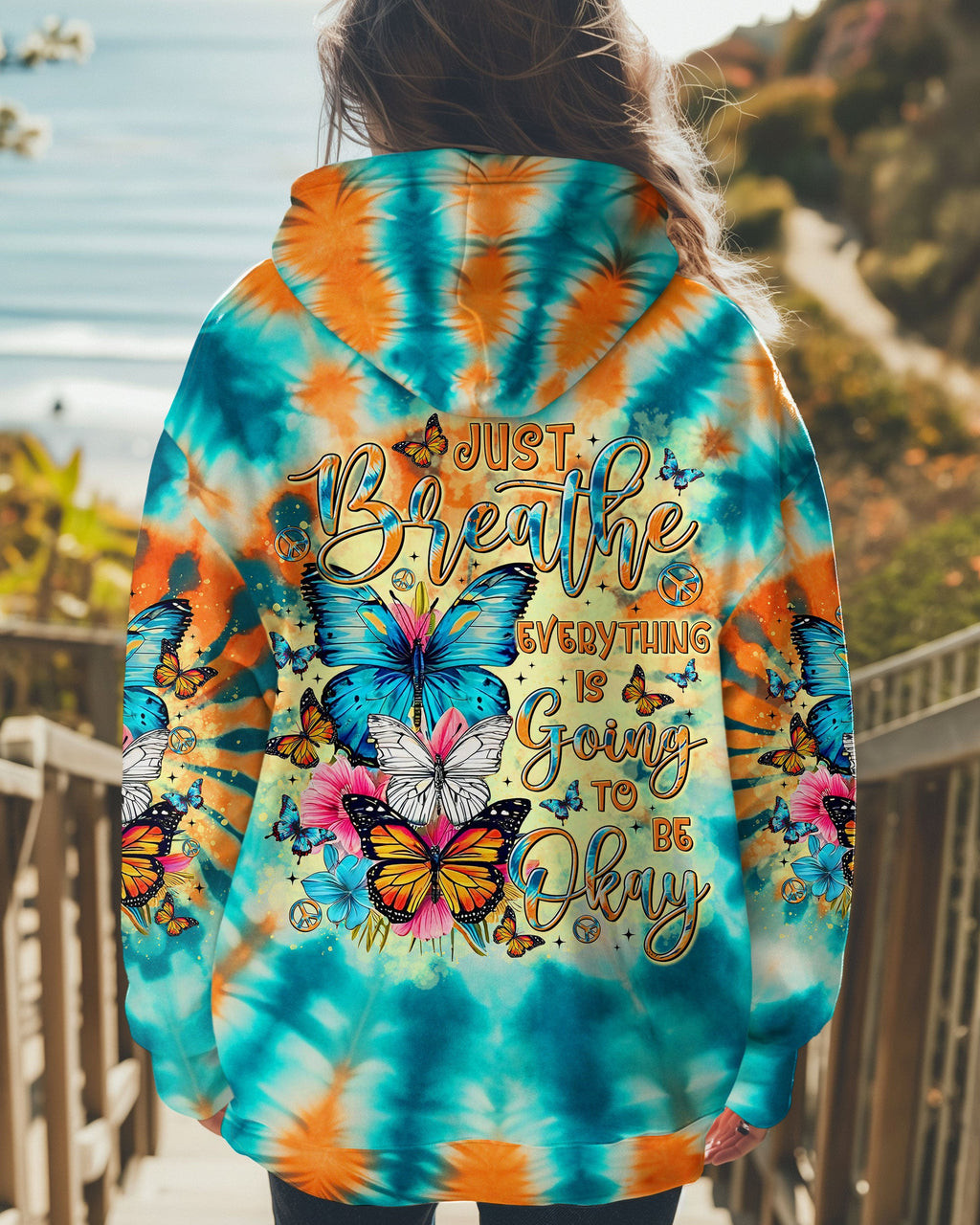 Just Breathe Everything is Going to Be Okay Tie Dye Butterfly Positive AOP Shirts _1_ VyXO4