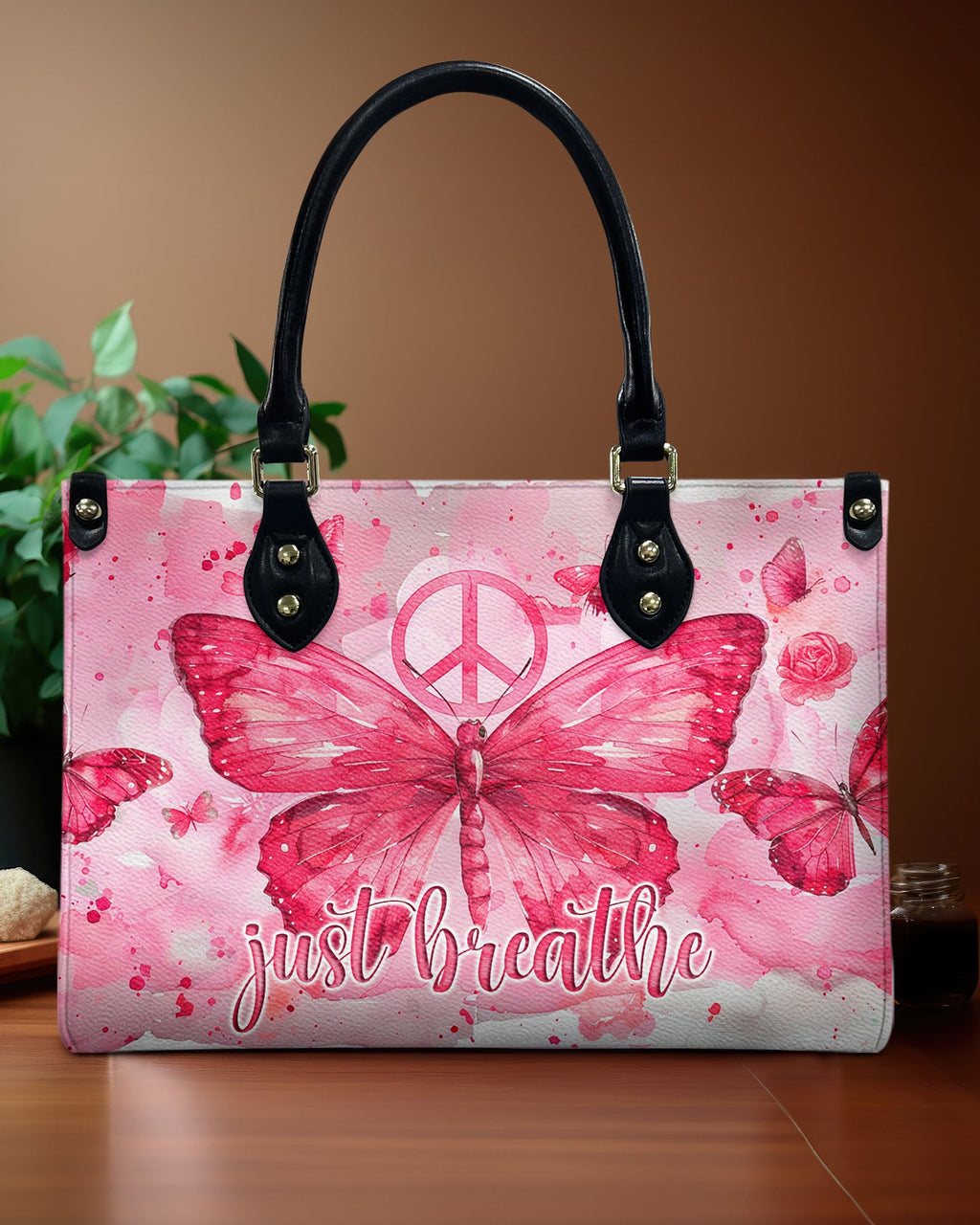Just Breathe Watercolor Pink Butterfly Peace Symbol Hippie Leather Bag _1_ VCNNy