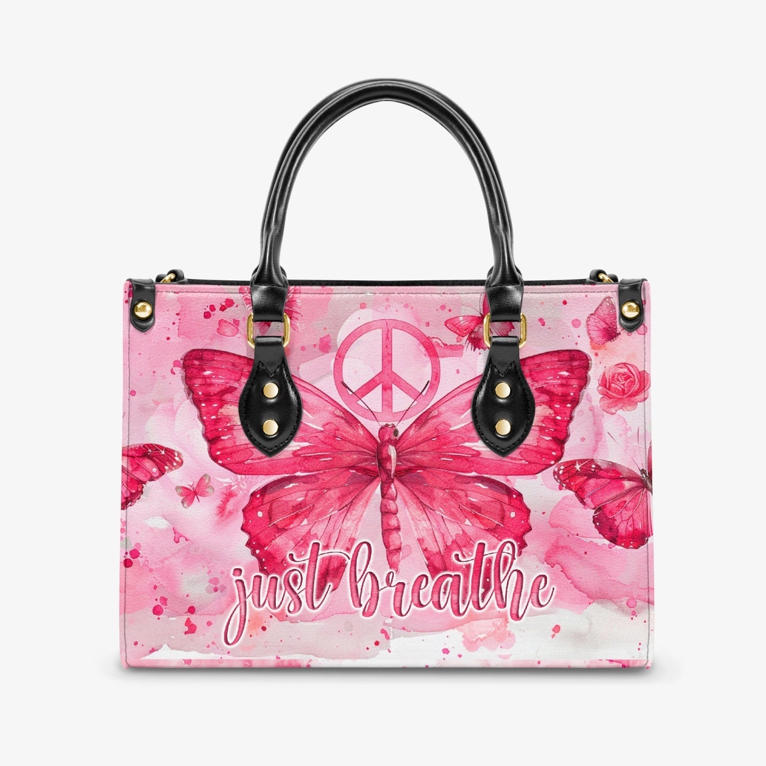 Just Breathe Watercolor Pink Butterfly Peace Symbol Hippie Leather Bag _6_ eivGw