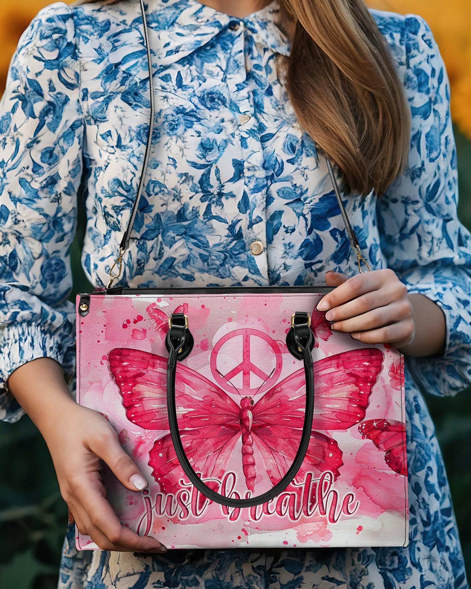Just Breathe Watercolor Pink Butterfly Peace Symbol Hippie Leather Bag _7_ fDPAu