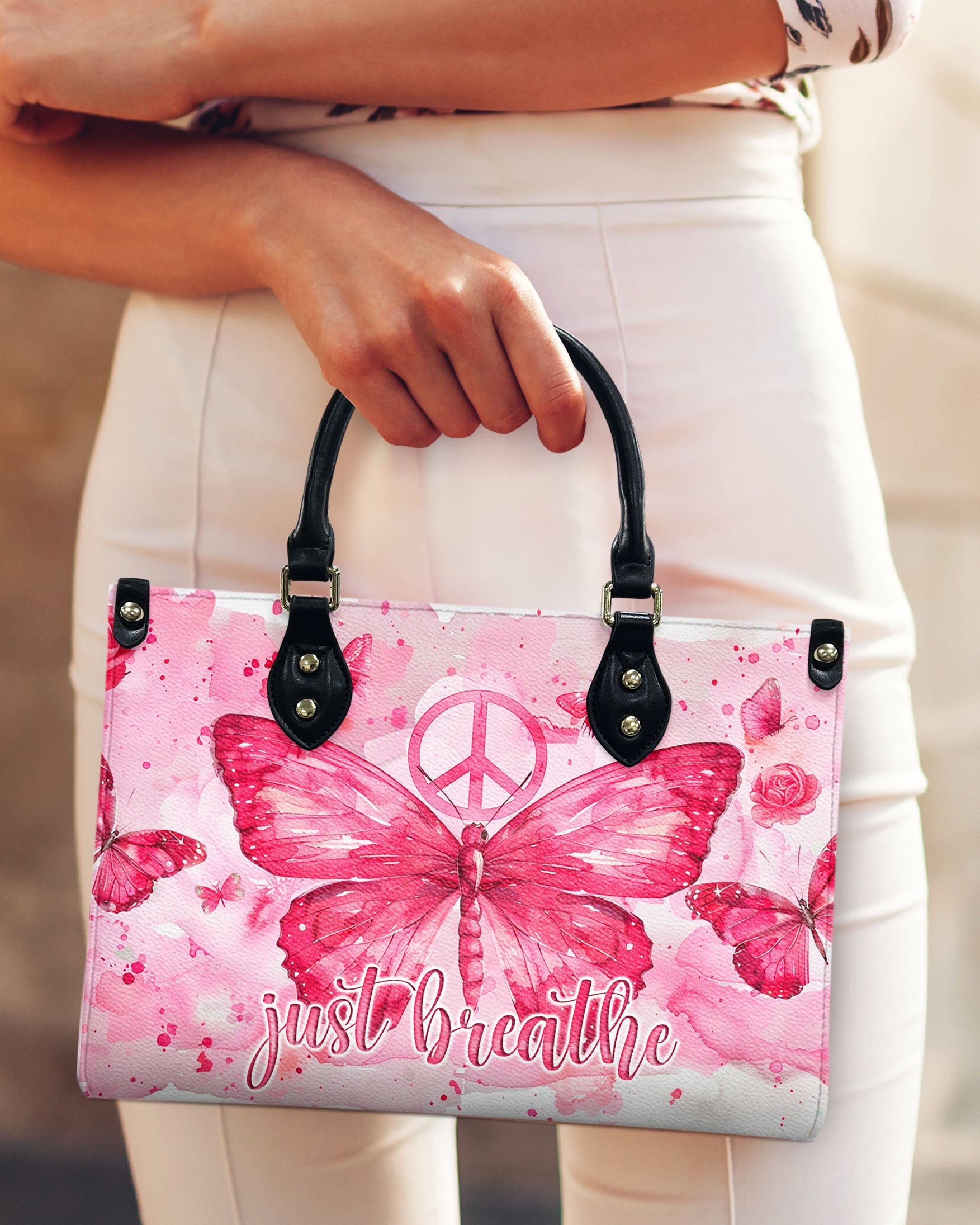 Just Breathe Watercolor Pink Butterfly Peace Symbol Hippie Leather Bag _8_ QvsB1