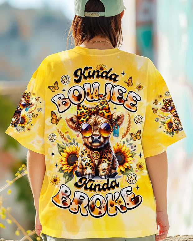 Kinda Boujee Kinda Broke - Cute Cow  with Sunglasses & Sunflower Design - AOP Shirts